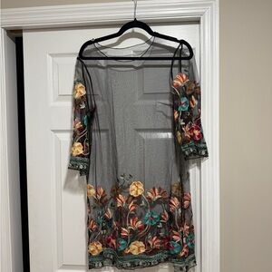 SHEIN Black Sheer Dress with Floral Embroidery